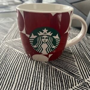 Starbucks Coffee Mug White Red Circles Dots Green Mermaid Logo 14 Oz